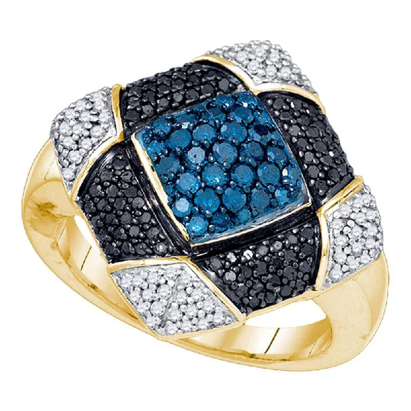 octagonal ring-10kt Yellow Gold Womens Round Blue Black Color Enhanced Diamond Square Cluster Ring 7/8 Cttw