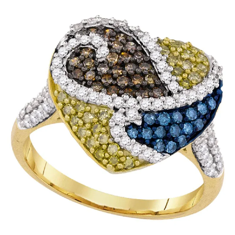 pearl knotted ring-10kt Yellow Gold Womens Round Blue Brown Yellow Color Enhanced Diamond Heart Ring 1 Cttw