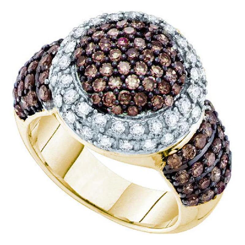 retro-style ring-10kt Yellow Gold Womens Round Brown Diamond Halo Cluster Ring 2 Cttw