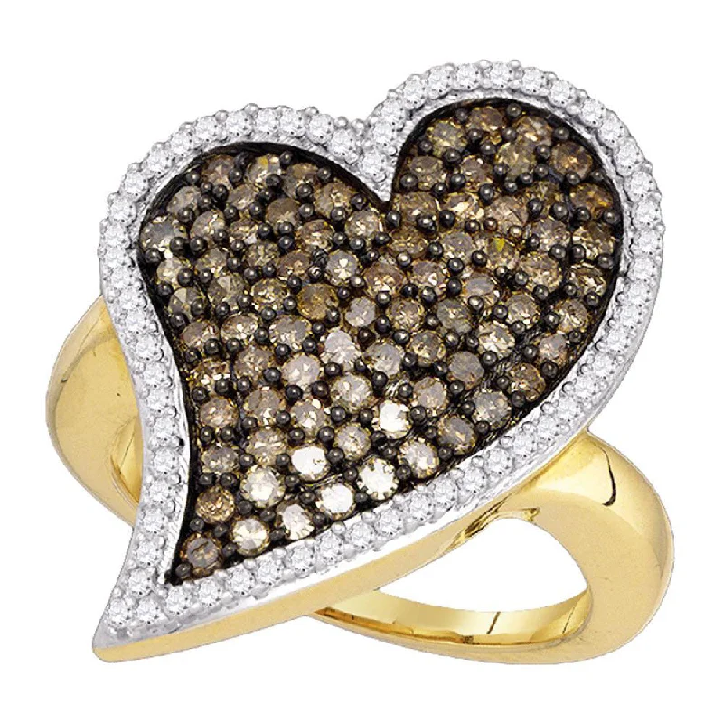 rose gold arc ring-10kt Yellow Gold Womens Round Brown Diamond Heart Cluster Ring 1-1/2 Cttw