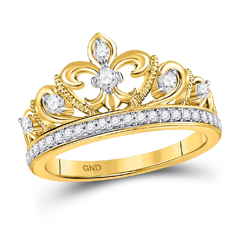 rose gold ten-band ring-10kt Yellow Gold Womens Round Diamond Fleur-de-lis Crown Ring 1/3 Cttw