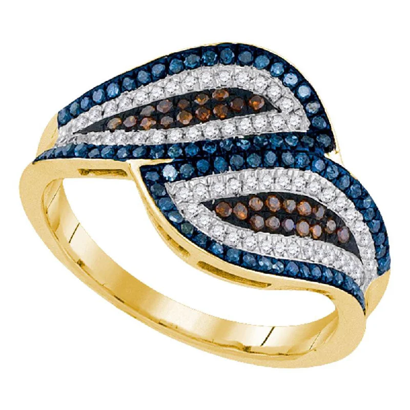 uncut turquoise ring-10kt Yellow Gold Womens Round Multicolor Enhanced Diamond Bypass Fashion Ring 1/2 Cttw