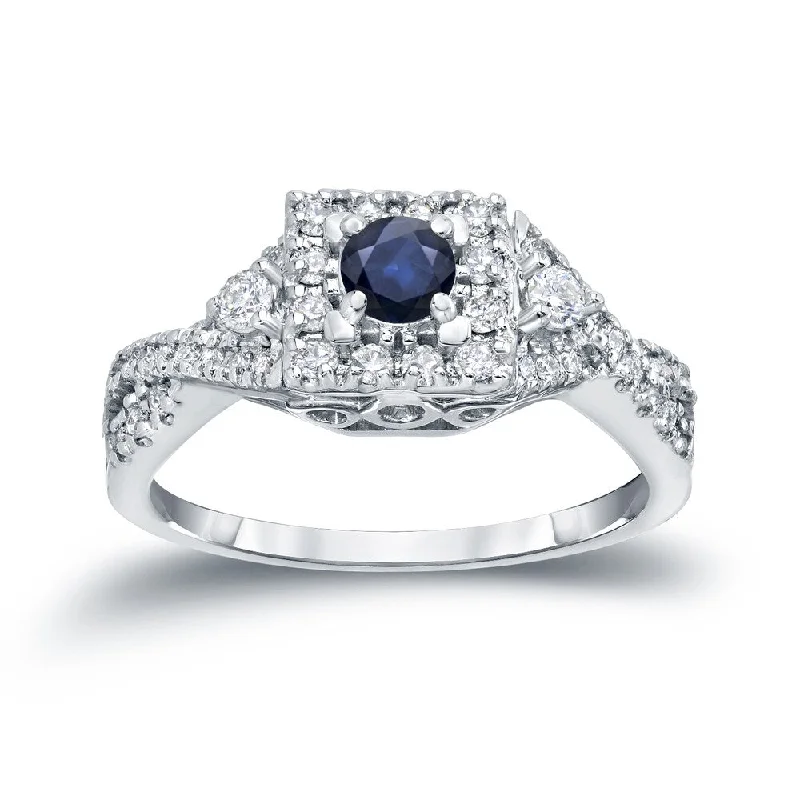 wanderlust moon ring-14k Gold 1/4ct Sapphire and 2/5ct TDW Halo Diamond Engagement Ring