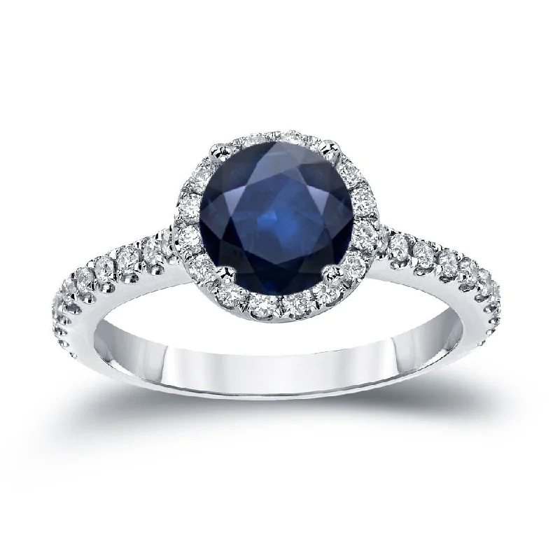 retro-style promise ring-14k Gold 1ct Blue Sapphire and 1/3ct TDW Diamond Halo Engagement Ring by Auriya