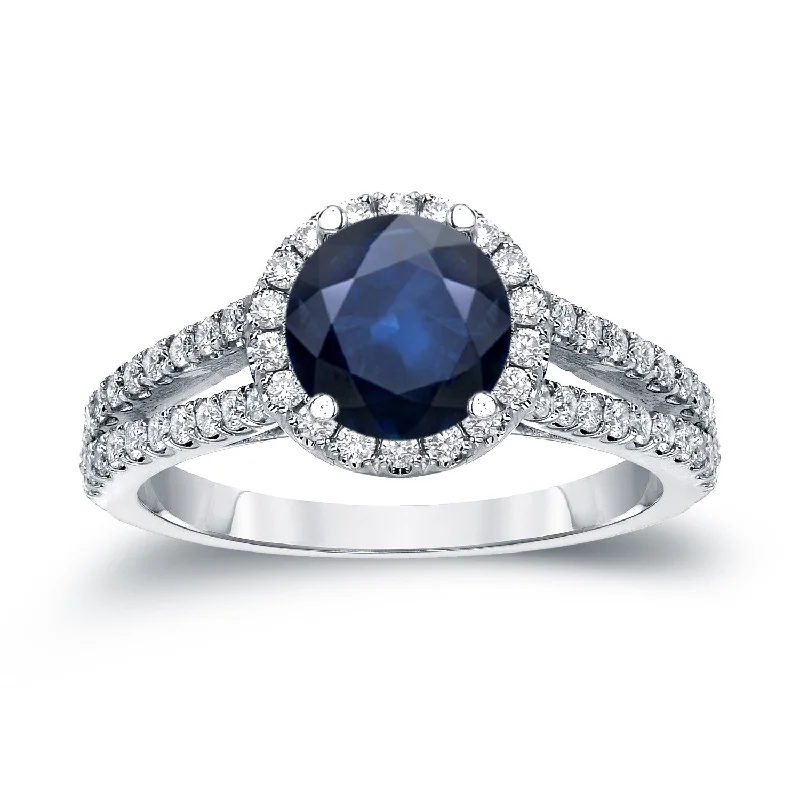 sapphire stone ring-14k Gold 3/4ct Blue Sapphire and 3/5ct TDW Diamond Halo Engagement Ring by Auriya