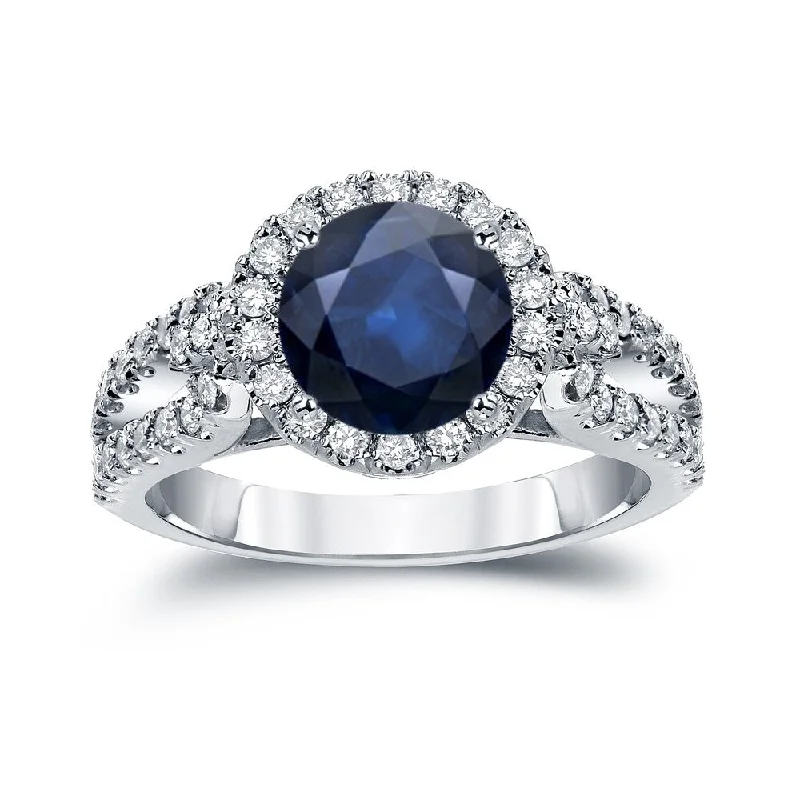 leafy-inspired band ring-14k Gold Round 1 1/2ct Blue Sapphire and 4/5ct TDW Diamond Halo Engagement Ring by Auriya