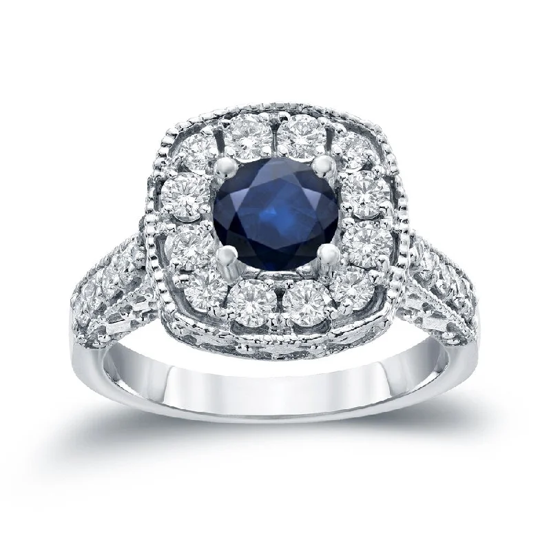 urban gold ring-14k Gold Round 3/4ct Blue Sapphire and 3/4ct TDW Diamond Halo Engagement Ring