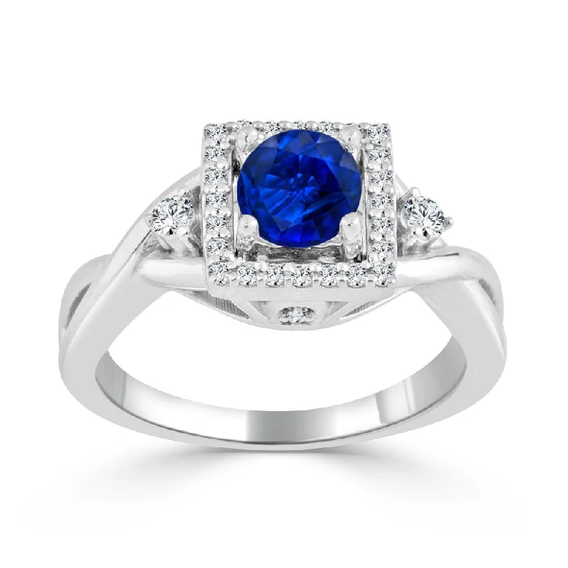 chiseled diamond ring-14k Gold Twisted 1/2ct Blue Sapphire and 1/3ct TDW Diamond Halo Engagement Ring by Auriya