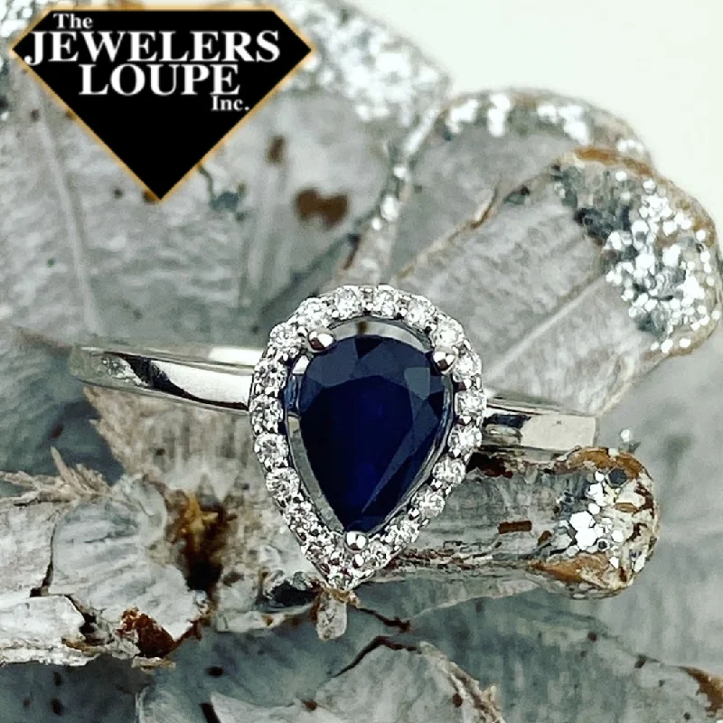 wanderlust turquoise ring-14K White Gold .12ctw Diamond and .88ctw Pear Shape Sapphire Halo Ring (93441)