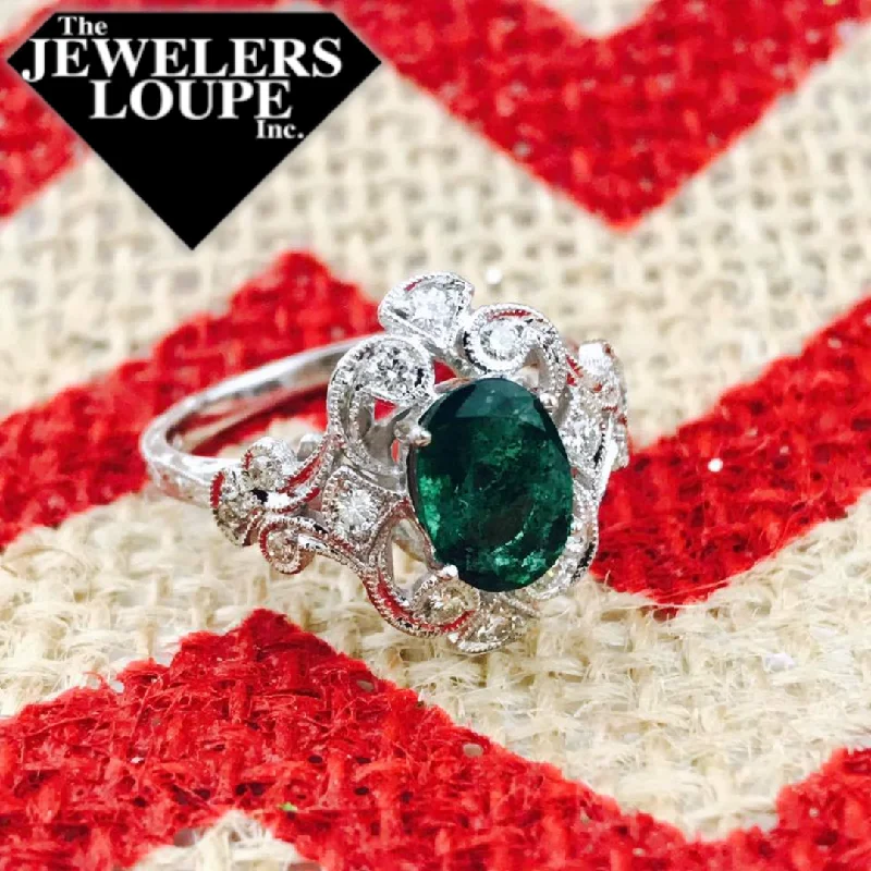 urban gemstone ring-14K White Gold .29ctw Diamond and 1.25ctw Emerald Vintage Style Ring (84814)