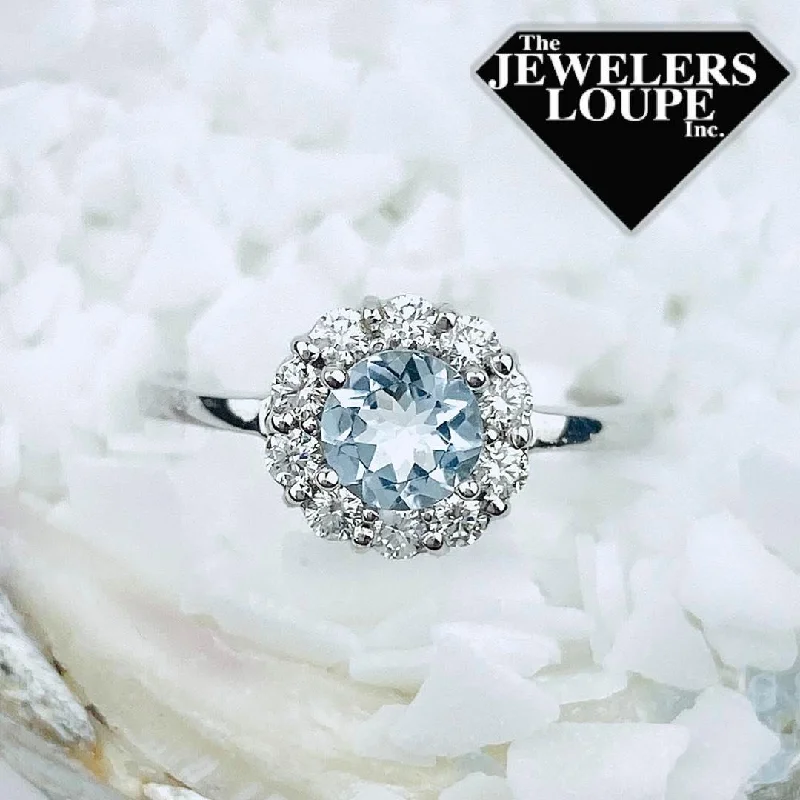 retro-style promise ring-14K White Gold .30ctw Diamond and .55ctw Aquamarine Halo Ring (94166)