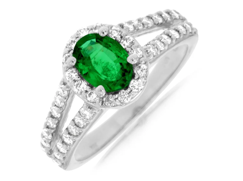 frond stacking ring-14K White Gold .65ctw Diamond and .80ctw Emerald Halo Ring (94961)