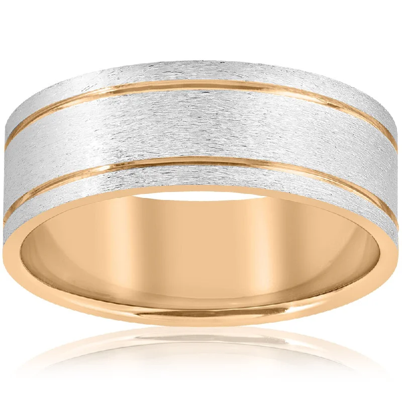 wanderlust aquamarine ring-14K White & Yellow Gold Two Tone Mens Comfort Fit 8mm Wedding Band