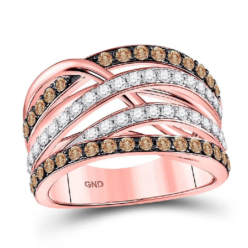 ten-stone ring-14kt Rose Gold Womens Round Brown Diamond Crossover Fashion Ring 1-1/3 Cttw