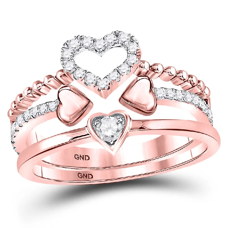 leafy frond ring-14kt Rose Gold Womens Round Diamond 2-Piece Beaded Heart Band Ring Set 1/3 Cttw