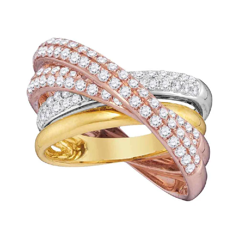 rose gold arc ring-14kt Tri-Tone Gold Womens Round Diamond Fashion Crossover Band Ring 1-1/4 Cttw