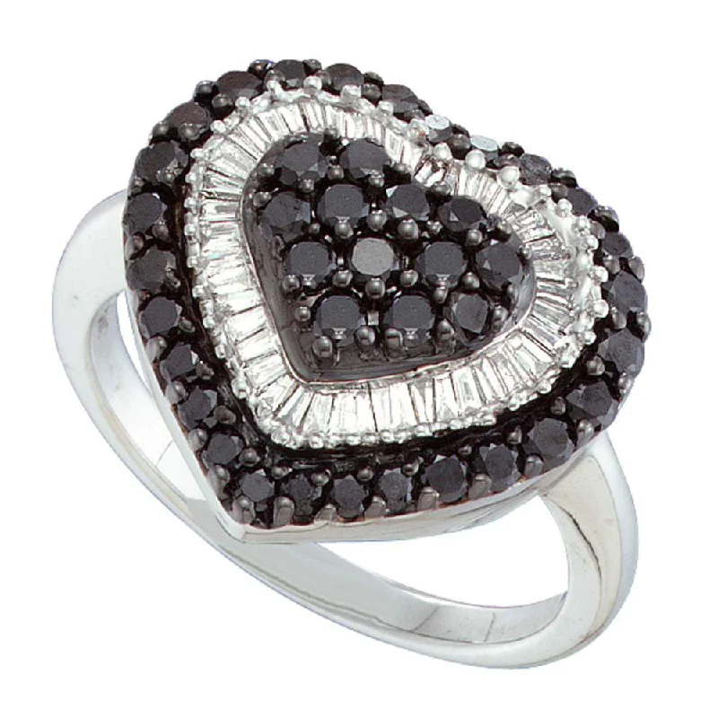 ten-gem ring-14kt White Gold Womens Round Black Color Enhanced Diamond Heart Ring 1-1/5 Cttw