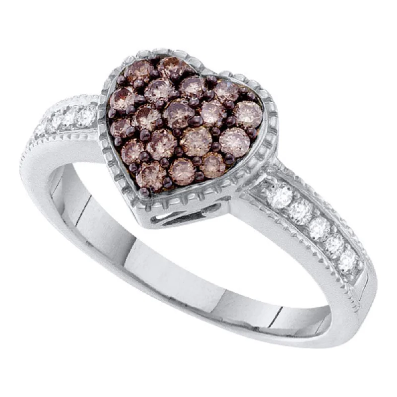 wanderlust moon ring-14kt White Gold Womens Round Brown Diamond Heart Cluster Ring 1/2 Cttw