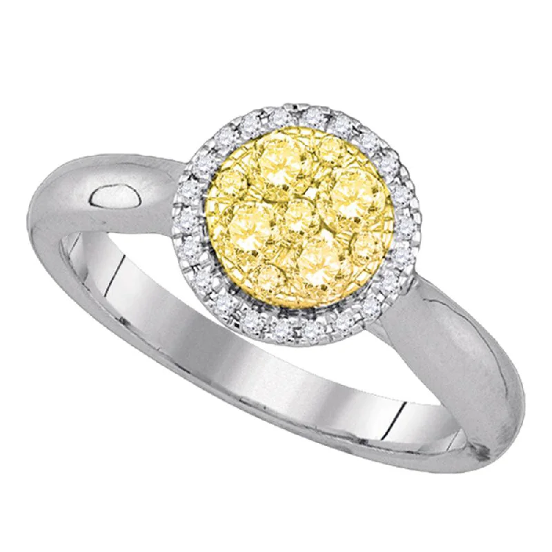 tarnished statement ring-14kt White Gold Womens Round Canary Yellow Diamond Circle Cluster Ring 1/2 Cttw