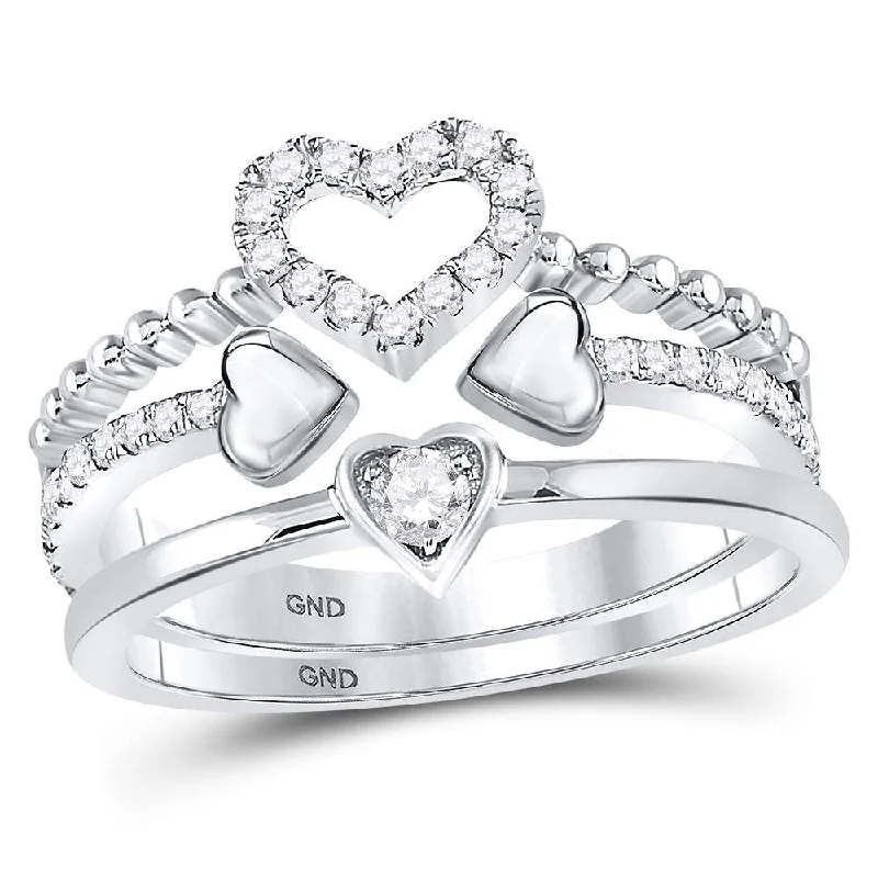 flow promise ring-14kt White Gold Womens Round Diamond 2-Piece Beaded Heart Band Ring Set 1/3 Cttw