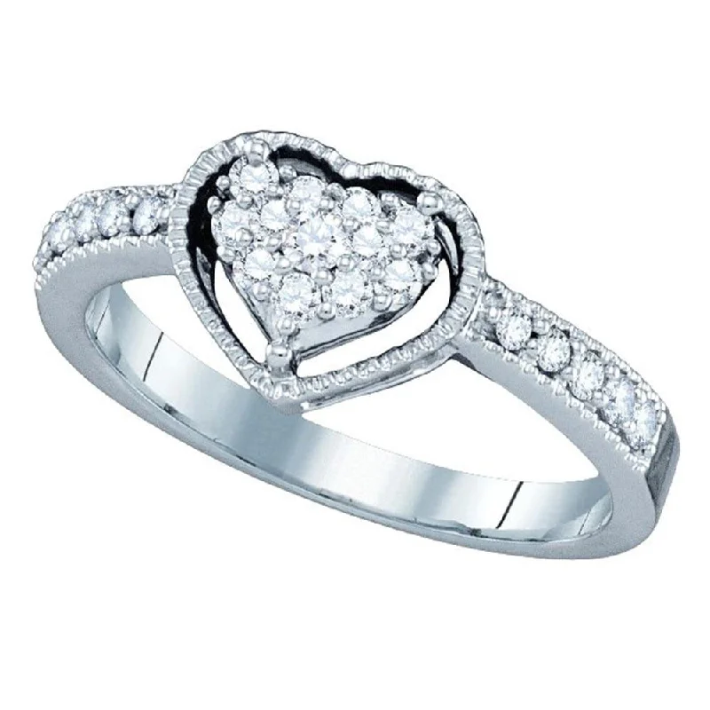 stamped wedding ring-14kt White Gold Womens Round Diamond Heart Cluster Ring 1/3 Cttw