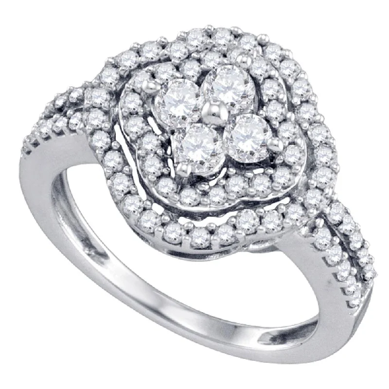 braided silver ring-14kt White Gold Womens Round Diamond Quatrefoil Cluster Ring 1 Cttw