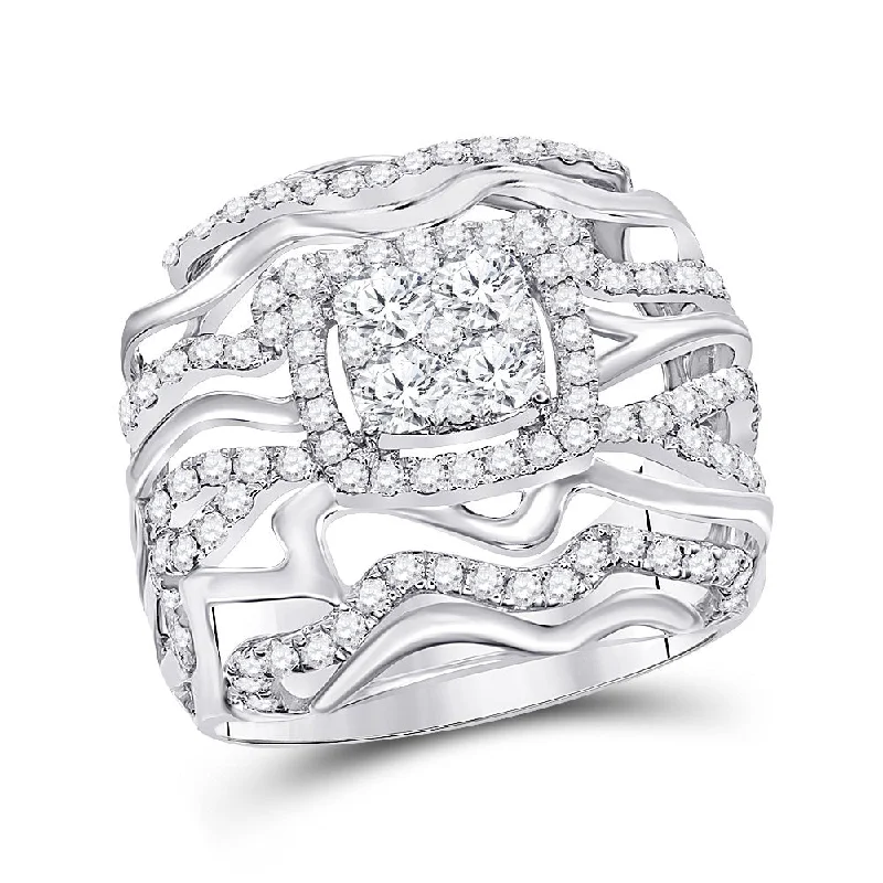 leafy frond ring-14kt White Gold Womens Round Diamond Right Hand Cluster Ring 1-1/2 Cttw