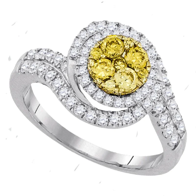 gibbous moon ring-14kt White Gold Womens Round Yellow Diamond Halo Cluster Swirl Ring 1 Cttw