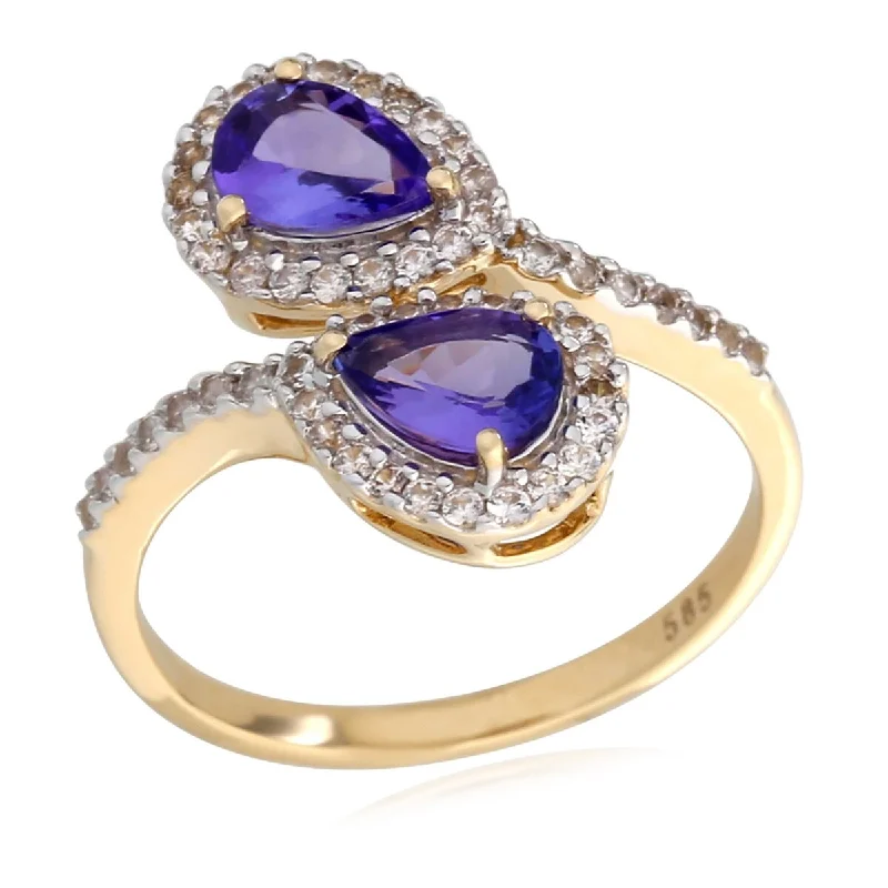 silver braid ring-14KT Yellow Gold Tanzanite and White Zircon Gemstone Bypass Ring