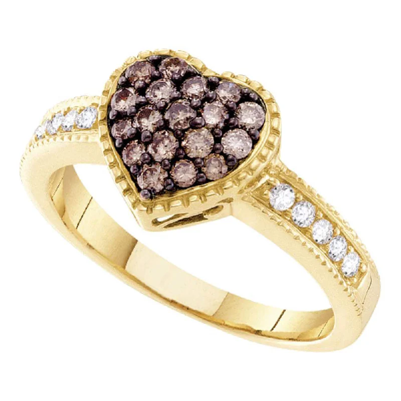 stellar star ring-14kt Yellow Gold Womens Round Brown Diamond Heart Cluster Ring 1/2 Cttw