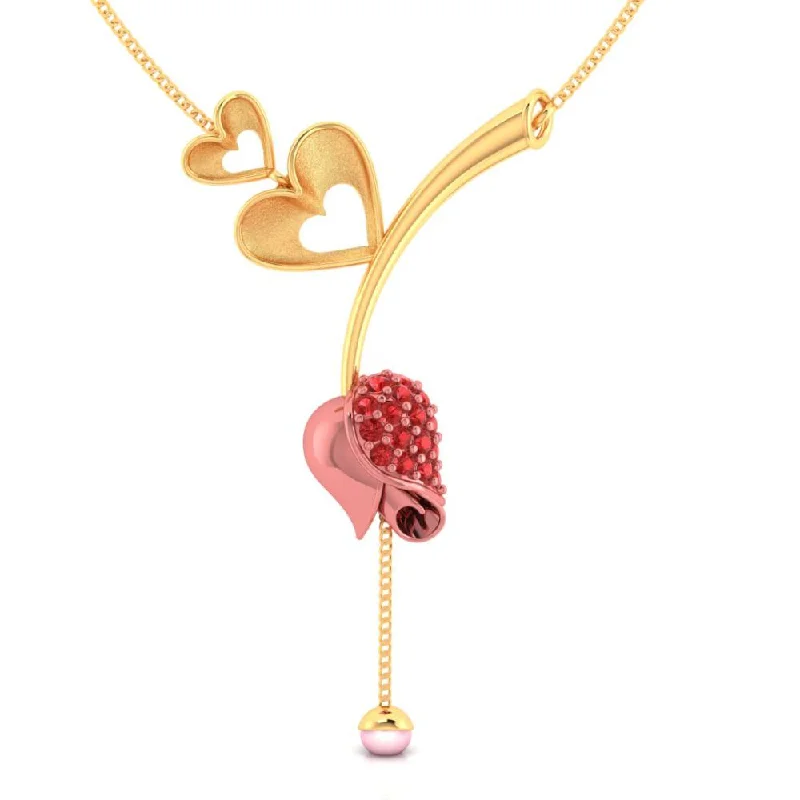 flow gemstone necklace-18k Gold Necklace With Double Hearts On A Stone-studded Tulip And A Pearl Drop