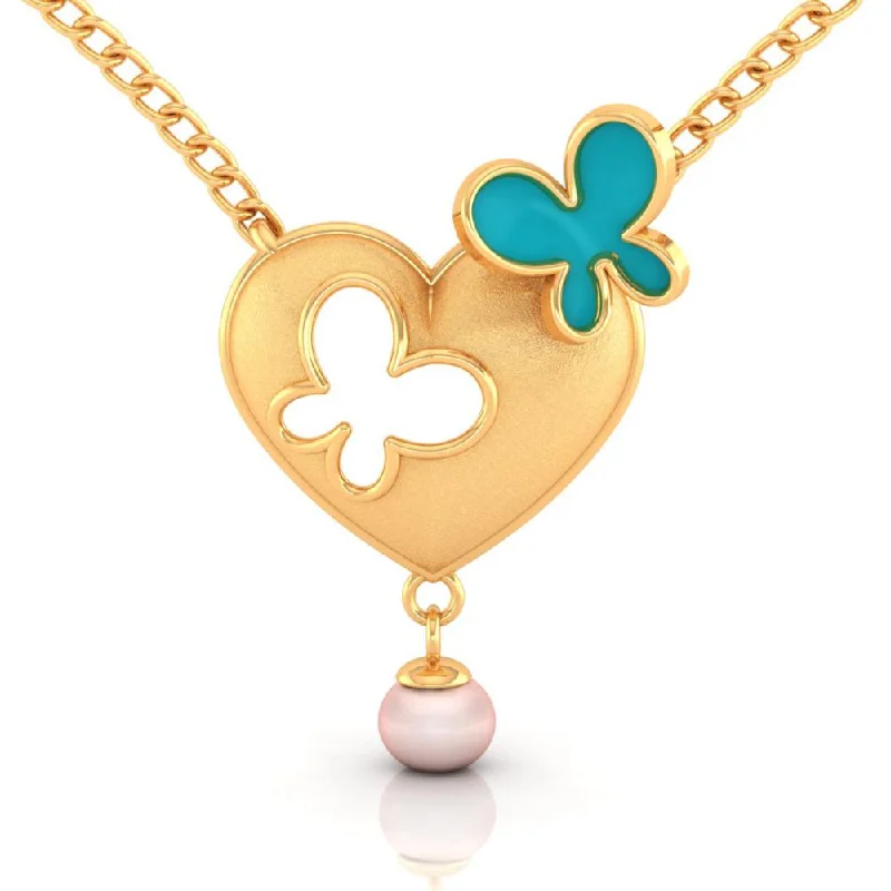 bendable friendship necklace-18k Heart-shaped Gold Necklace With Butterflies And A Pearl Drop