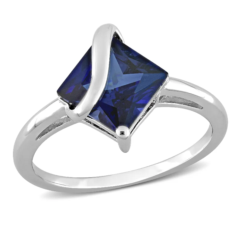 chiseled silver band ring-2 4/5 CT TGW Princess Cut Created Blue Sapphire Ring in Sterling Silver