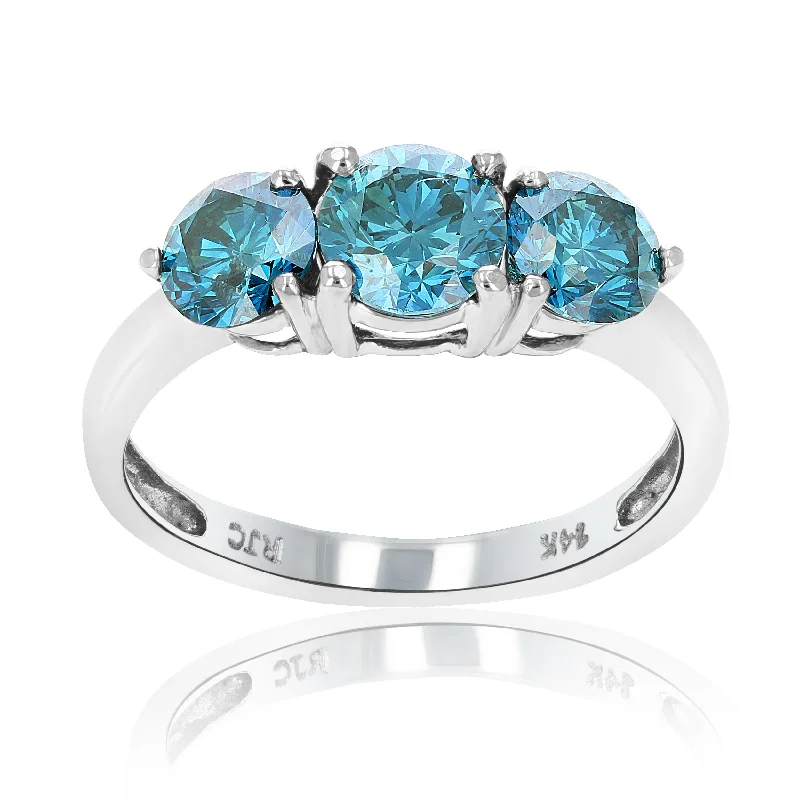 stamped gemstone ring-2 cttw 3 Stone Round Blue Diamond Engagement Ring 14K White Gold Bridal Wedding