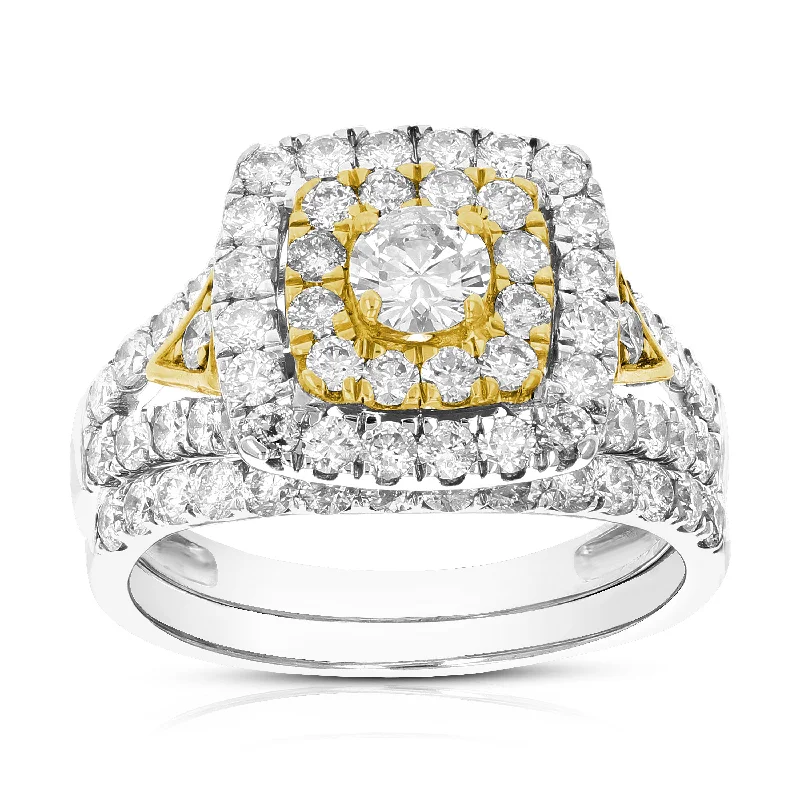 luxurious cocktail ring-2 cttw Diamond Wedding Engagement Ring Set 14K Two Tone Gold Bridal Set Cushion