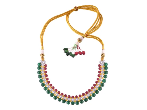 rose gold arc necklace-22k Intricate Pearl Gold Tushi Necklace With Red & Green Beads