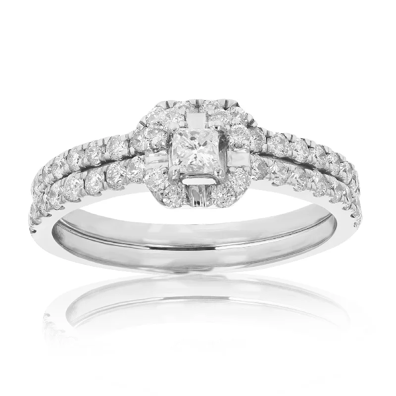 urban angular ring-3/4 cttw Diamond Wedding Engagement Ring Set 14K White Gold Princess Bridal