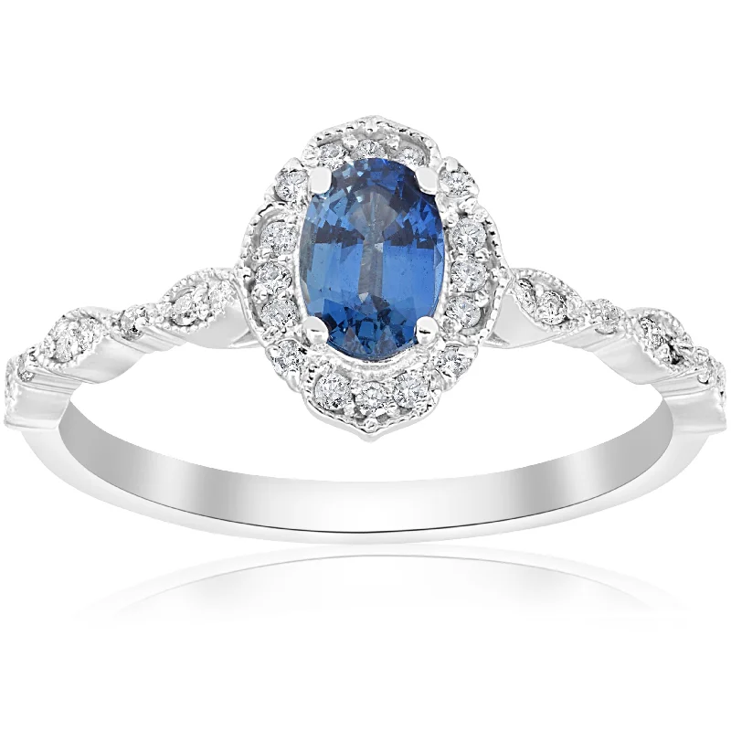 ornate trellis ring-3/4ct Oval Blue Sapphire Diamond Halo Vintage Engagement Ring 14K White Gold