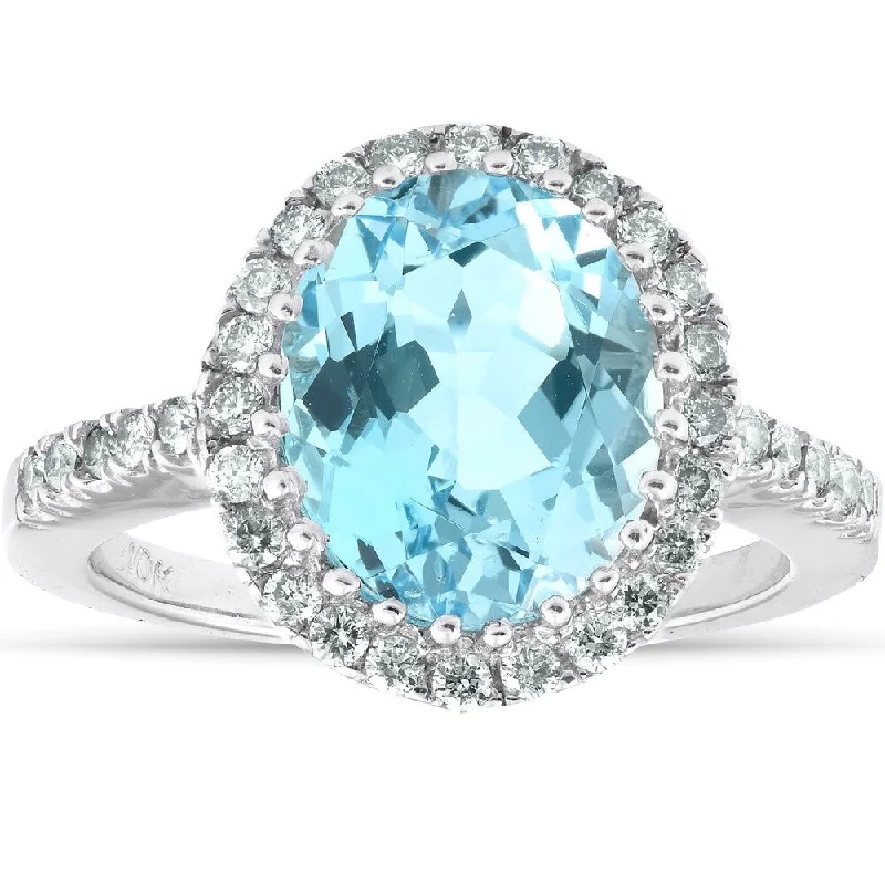 flow promise ring-4 3/4 Ct Oval Blue Topaz Diamomnd Halo Ring 14k White Gold