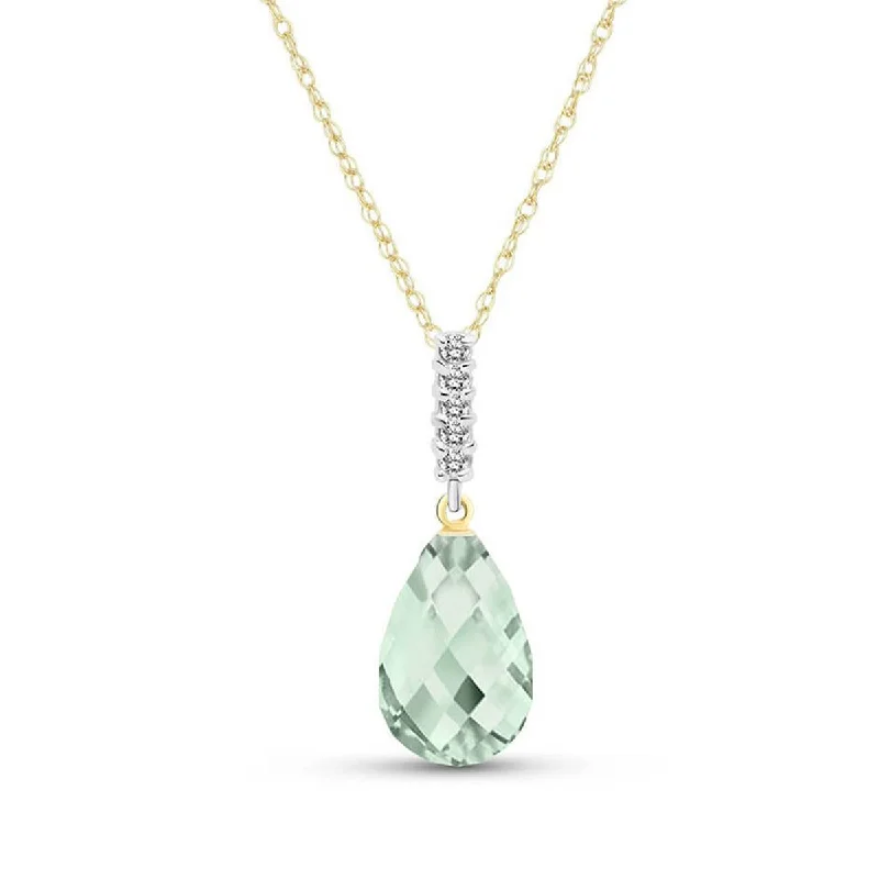 deco aquamarine necklace-5.38 Carat 14K Solid Yellow Gold Necklace Diamond Briolette Drop Green Amethyst