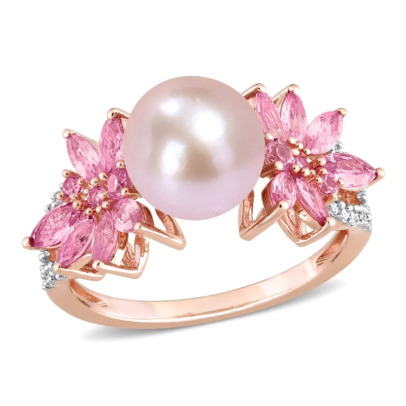 stamped silver ring-9-9.5 MM Cultured Freshwater Pearl and 3/4 CT TGW Pink Sapphire and 1/8 CT TW Diamond Flower Ring in 14k Rose Gold