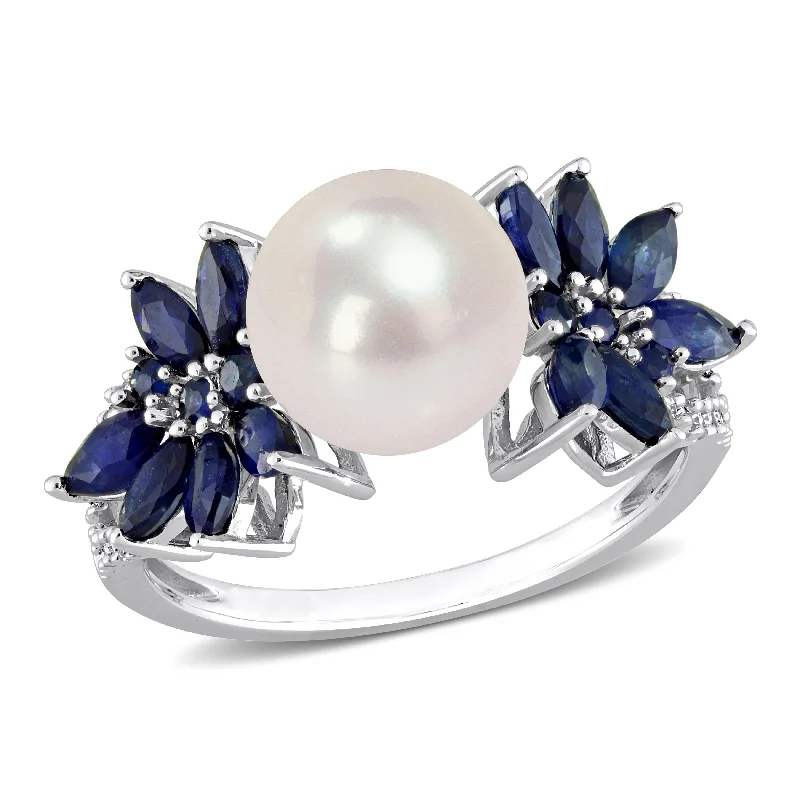 bendable silver ring-9-9.5 MM Cultured Freshwater Pearl and 3/8 CT TGW Sapphire and 1/8 CT TW Diamond Flower Ring in 14k White Gold