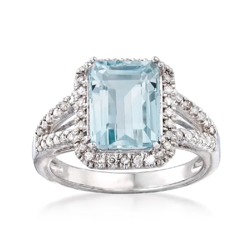 chiseled diamond ring-925 Sterling Silver Aquamarine and Diamond Gemstone Solitaire Ring