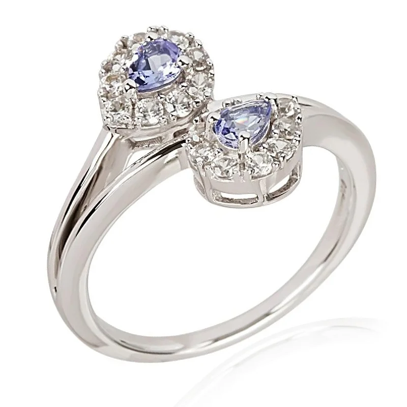 deco sapphire ring-925 Sterling Silver Tanzanite And White Natural Zircon Bypass Ring