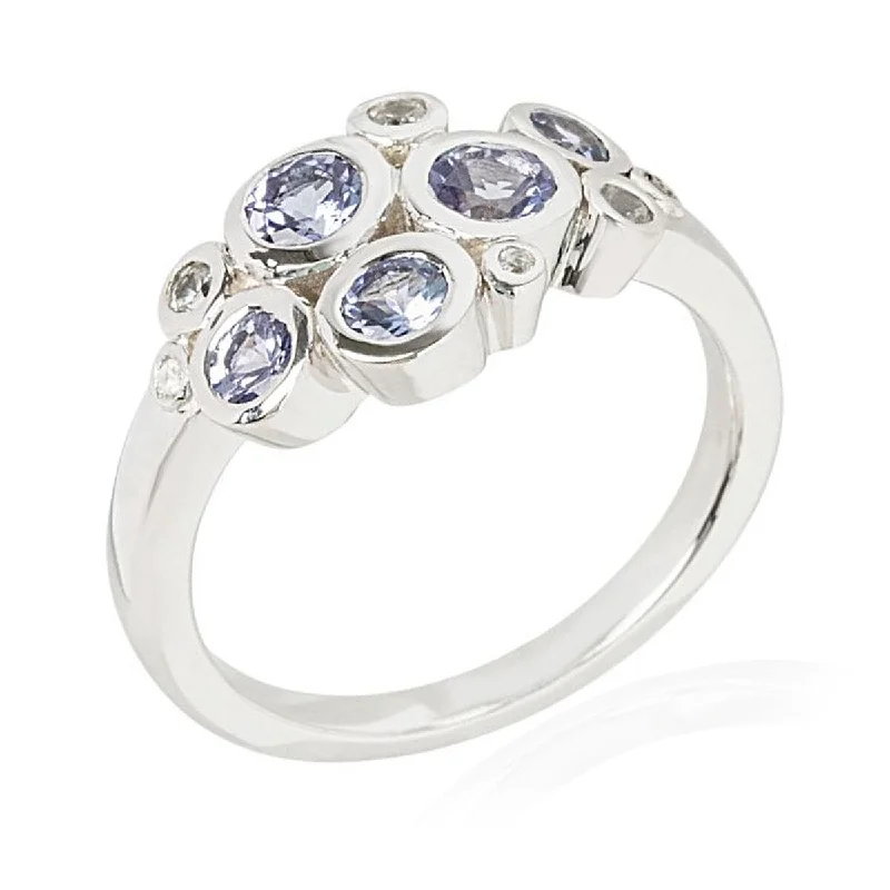 chiseled couple ring-925 Sterling Silver Tanzanite And White Natural Zircon Cluster Ring