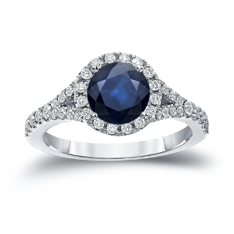 thin gold ring-Auriya 1 1/2ct Blue Sapphire and 1/2ctw Halo Diamond Engagement Ring 14k Gold