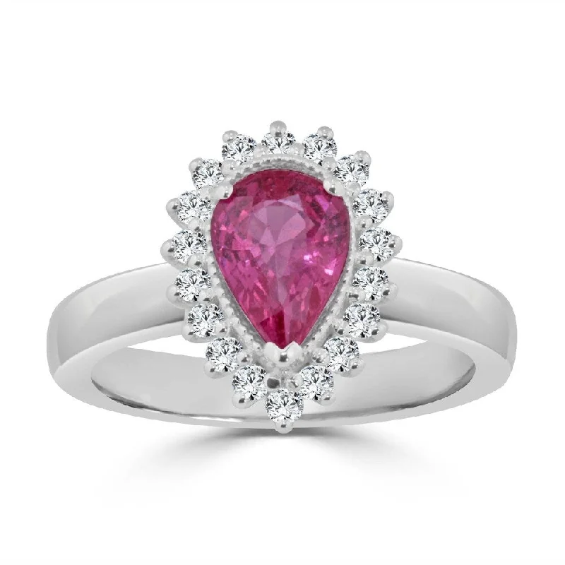 leafy-themed ring-Auriya 1 1/2ct Pear Shaped Pink Sapphire and 1/3ctw Halo Diamond Engagement Ring 14K Gold