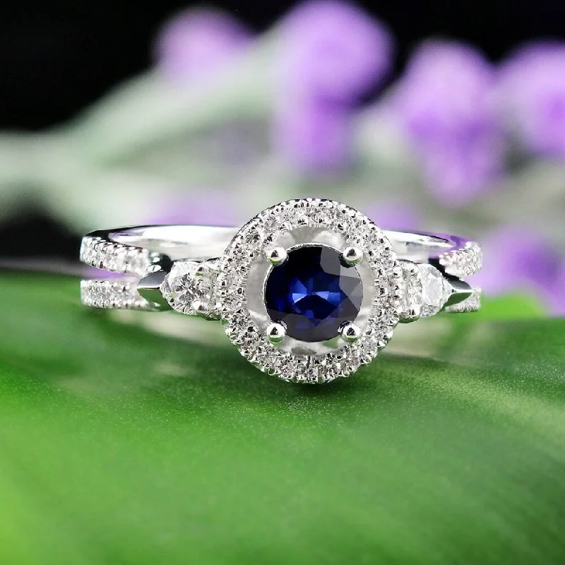 urban gemstone ring-Auriya 1/2ct Blue Sapphire and 1/2ctw Halo Diamond Engagement Ring 14k Gold