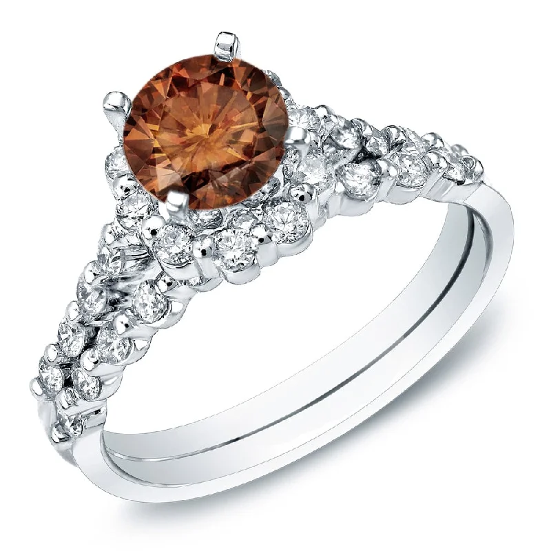 flow gemstone ring-Auriya 14k Gold 1 1/2ct TDW Brown Round Diamond Bridal Set Ring (SI1-SI2)