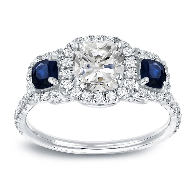 chunky silver ring-Auriya 14k Gold 1 1/2cttw Cushion-cut 3-Stone Diamond and Sapphire Engagement Ring (H-I, I1-I2)